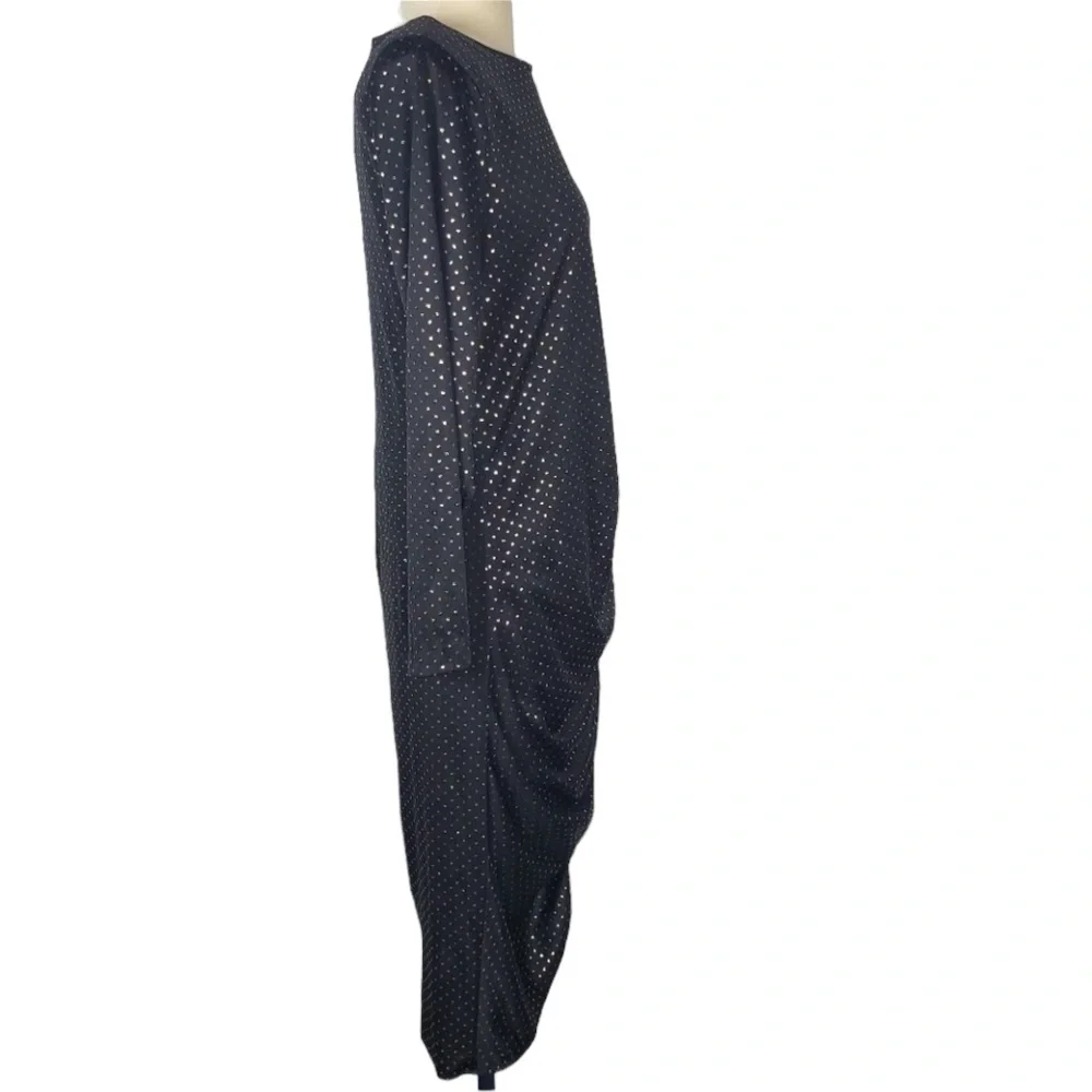 1980s Barone Black &‎ Silver Polka Dot Poly Dress